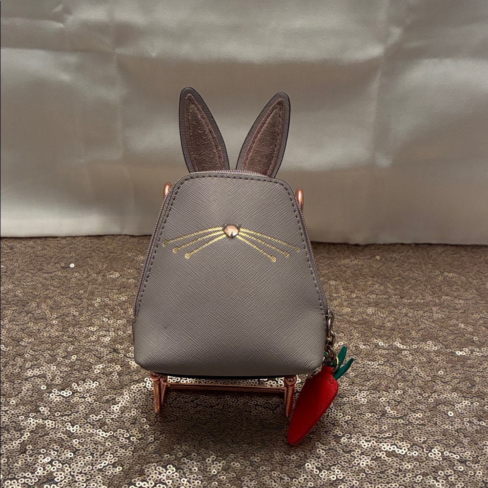 Gray Bunny Coin Purse Kate Spade w Carrot Zip & Fuzzy Tail Leather 2017 - Picture 3 of 10